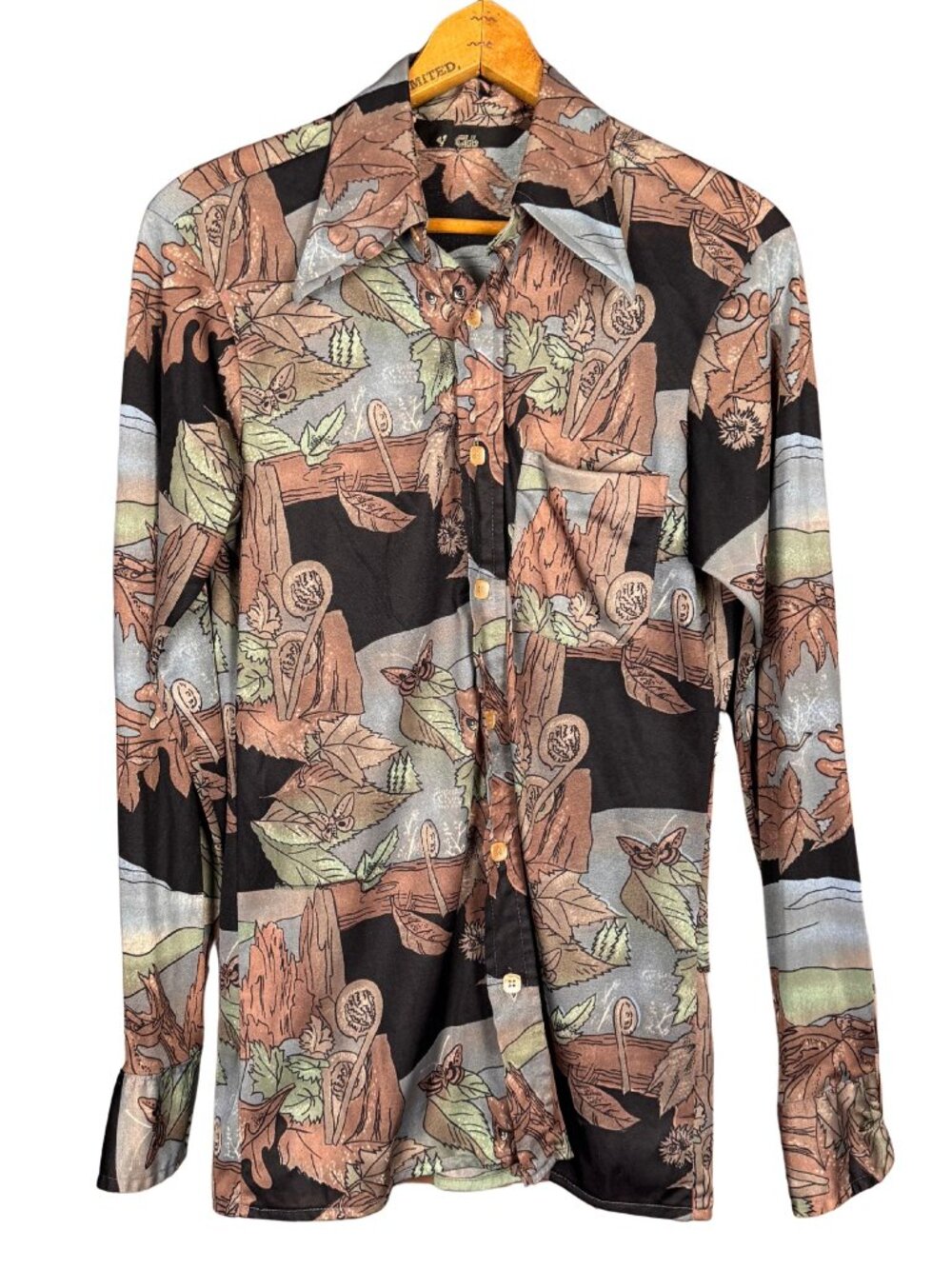 Vintage 70s Owl Print Button Up Shirt Medium, Woodland Nature Shirt, Retro